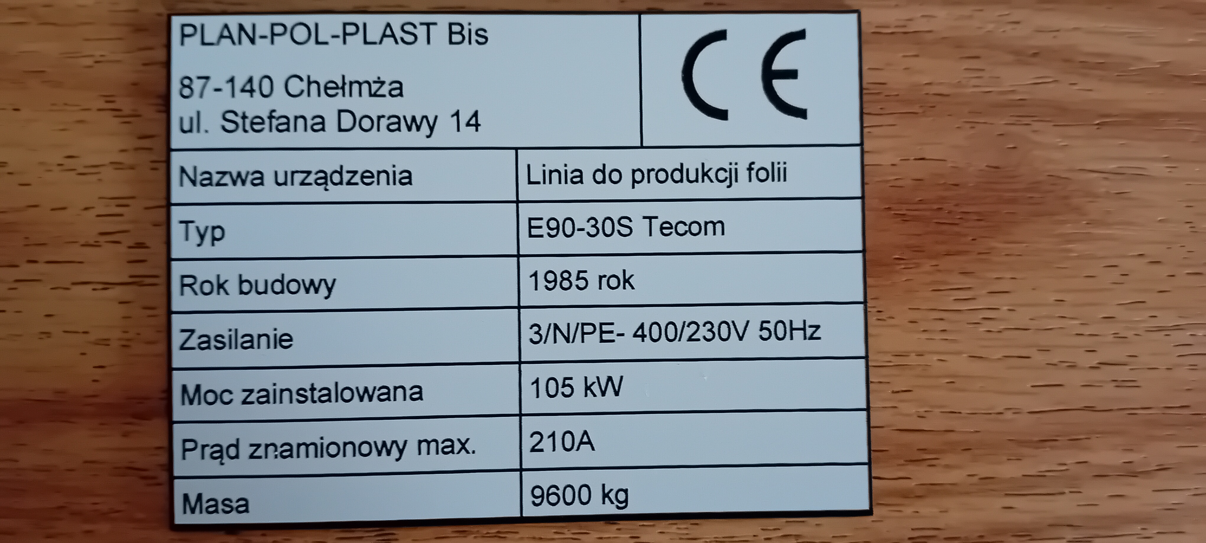 Metalowa tabliczka znamionowa CE
